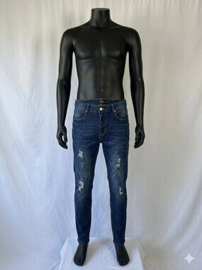 RIOT EMPIRE Men's 34x32 Stretch Denim Deep Indigo Blue Jeans 5-Pocket Skinny